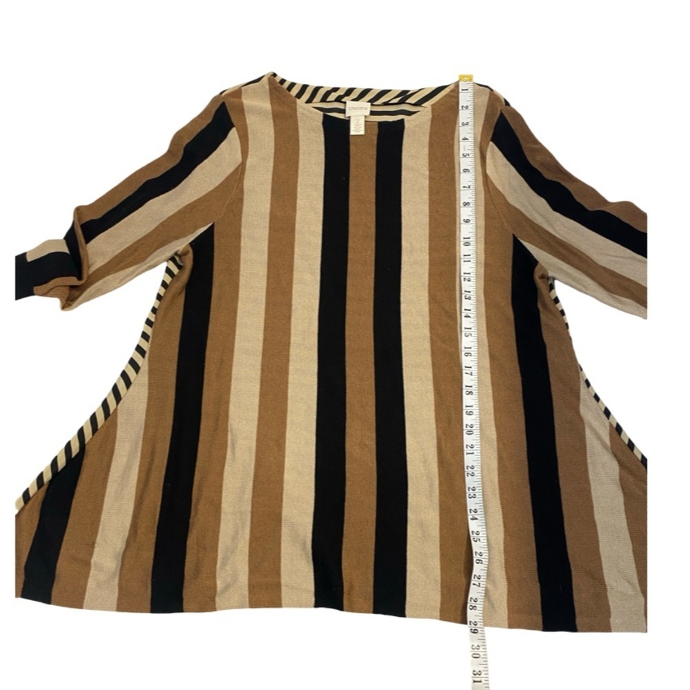 Chico's Trapeze Tunic Sweater Black, Brown, Tan, Cream Striped Elegant Tiny Pull - Picture 11 of 17
